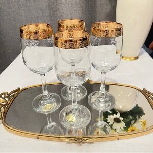 Cellini Hand Blown Wine Glasses. 24K Gold Trim